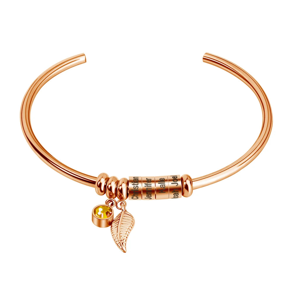 Personalized Name Beads Custom Bracelet With Leaf Birthstone
